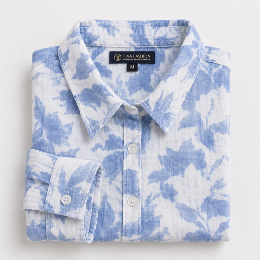 Blue Floral Printed Cotton Longline Shirt for Women