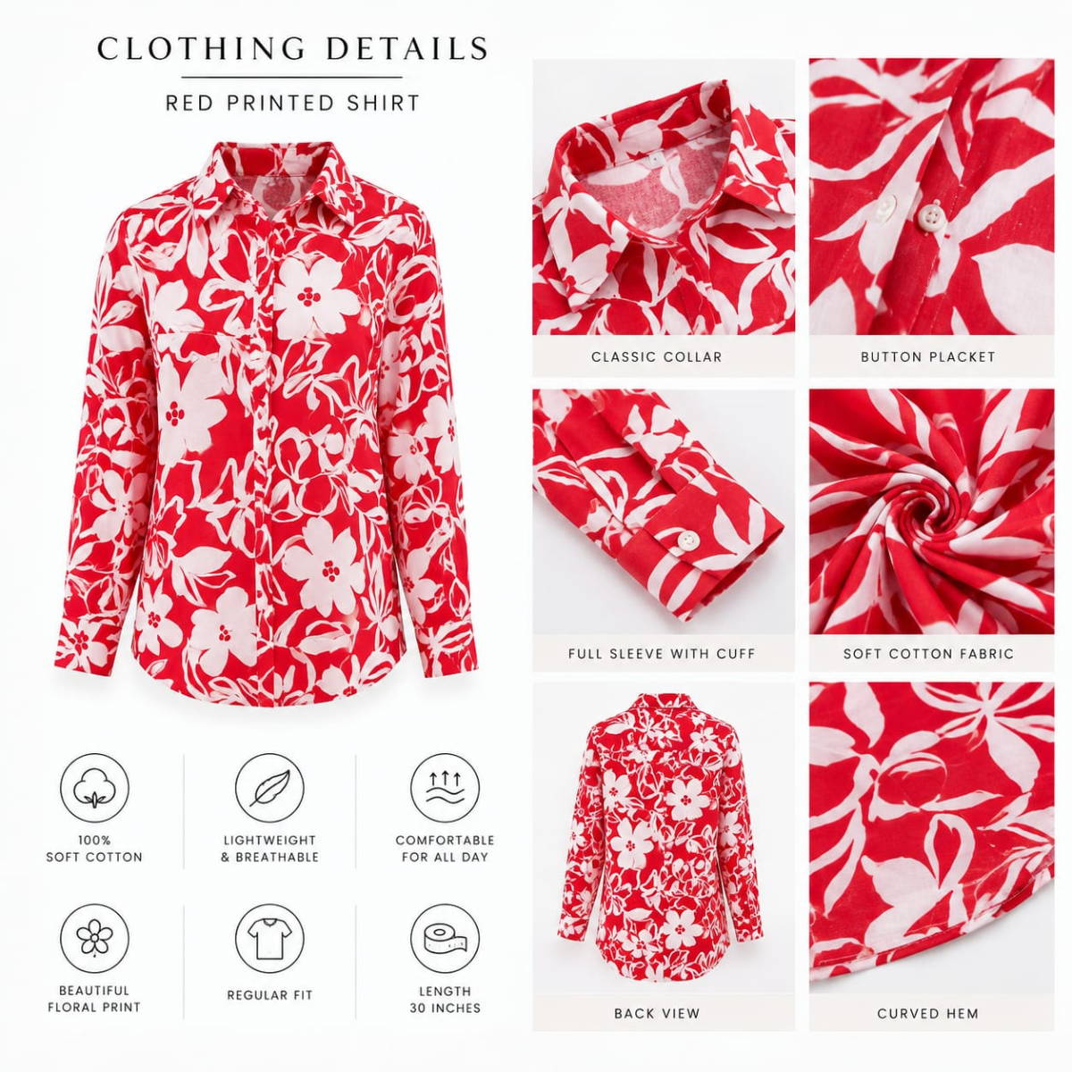 Red Tropical Floral Printed Cotton Shirt for Women