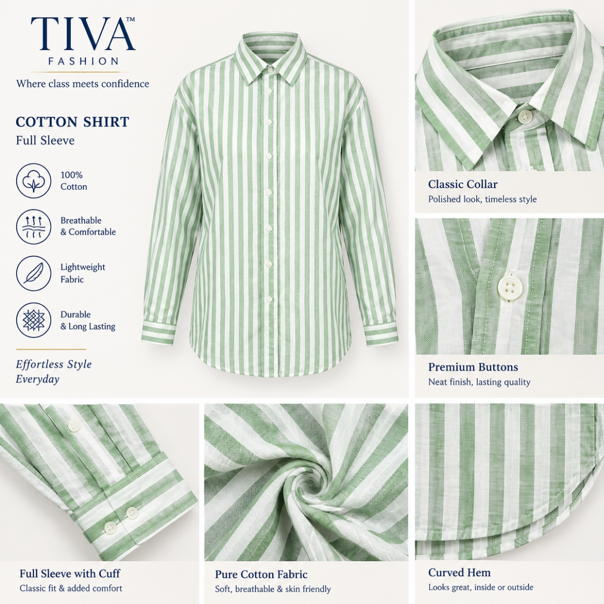 Sage Green & White Striped Full Sleeve Shirt for Women