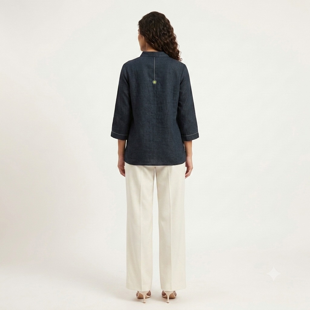TIVA Navy Blue Linen Hand Embroidered Shirt for Women
