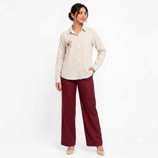 TIVA Beige Linen Hand Embroidered Shirt for women