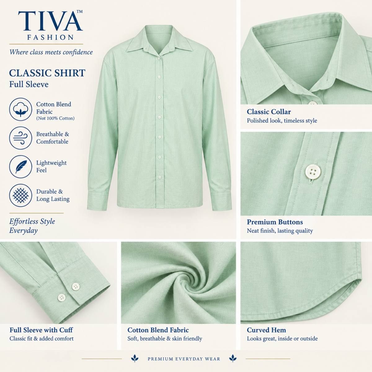 Sage Green Solid Cotton Blend Shirt for Women