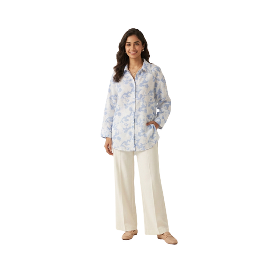 Blue Floral Printed Cotton Longline Shirt for Women