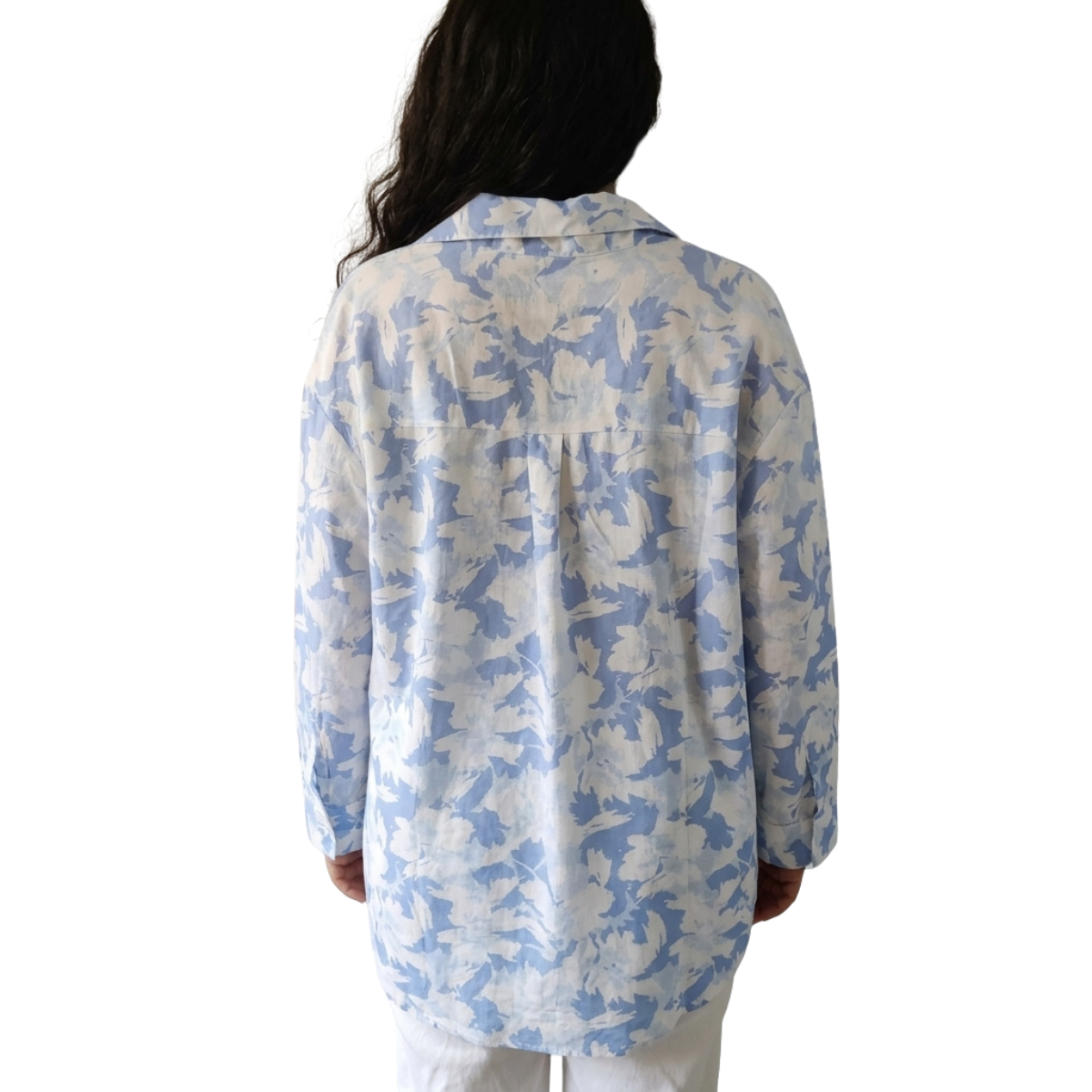 Blue Floral Printed Cotton Longline Shirt for Women