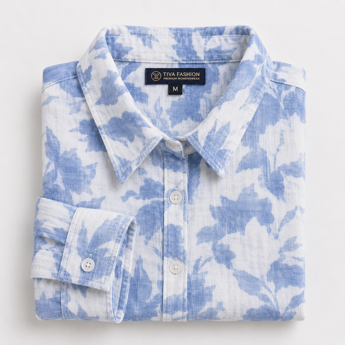 Blue Floral Printed Cotton Longline Shirt for Women