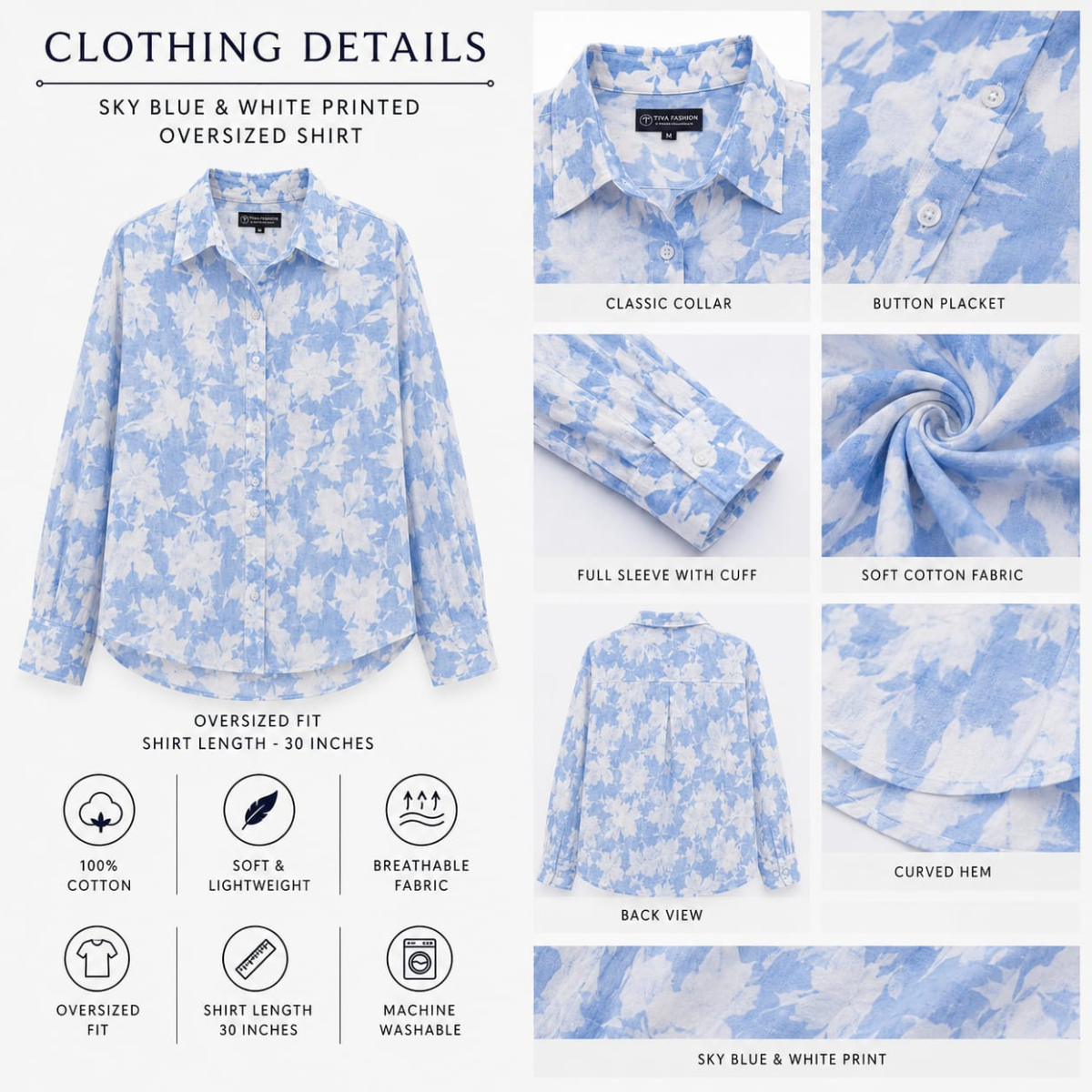 Blue Floral Printed Cotton Longline Shirt for Women
