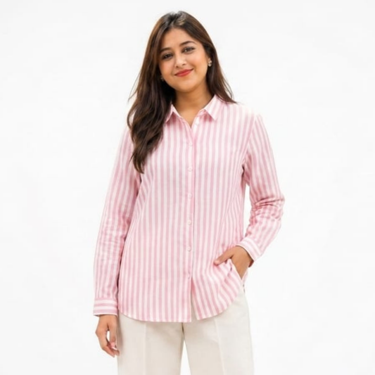 TIVA Pink and White Striped Cambric Cotton Shirt for women