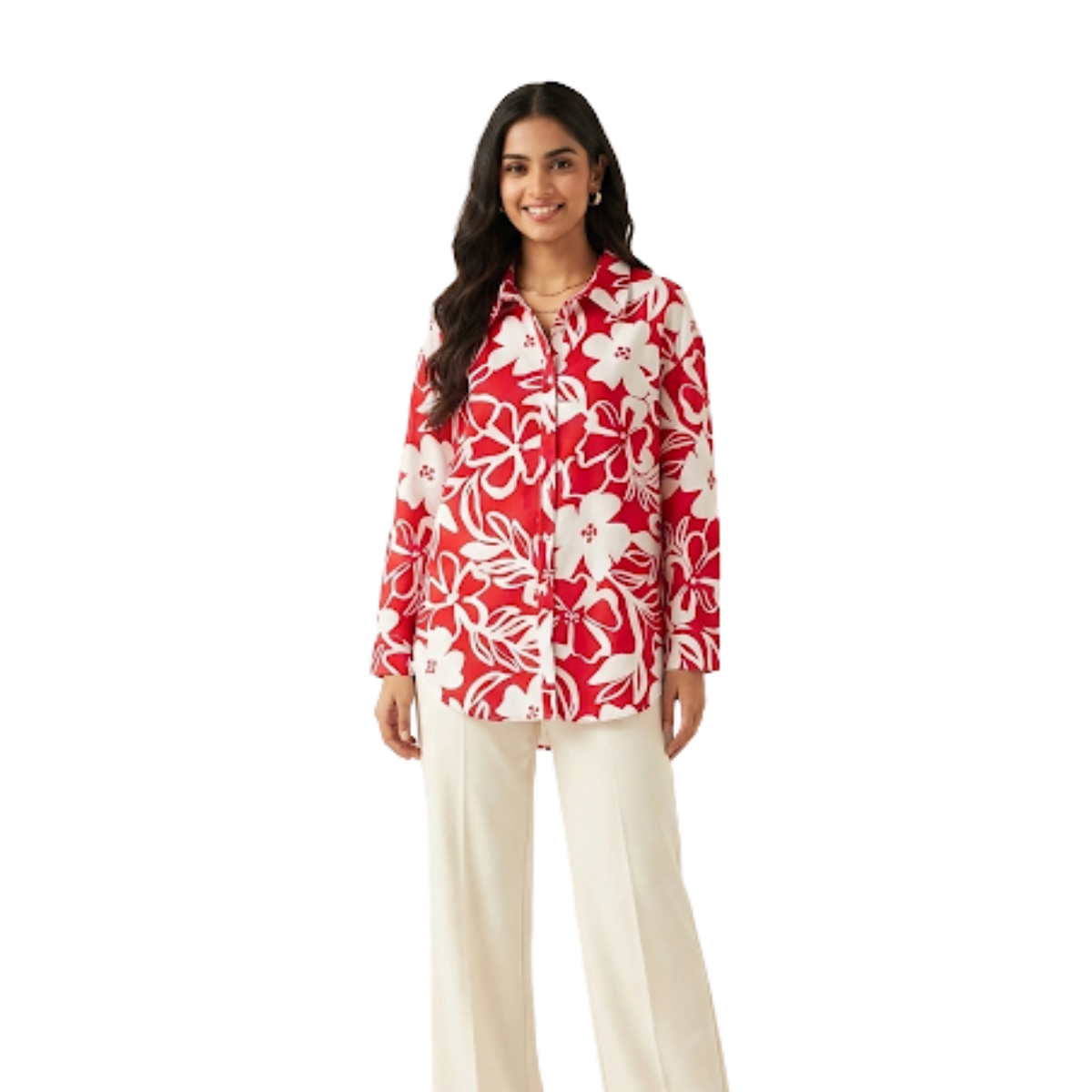 Red Tropical Floral Printed Cotton Shirt for Women