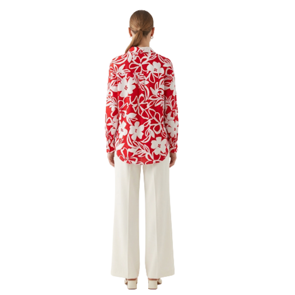 Red Tropical Floral Printed Cotton Shirt for Women