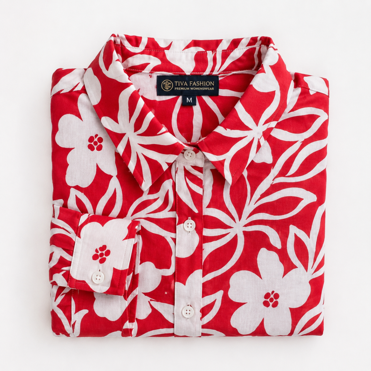 Red Tropical Floral Printed Cotton Shirt for Women