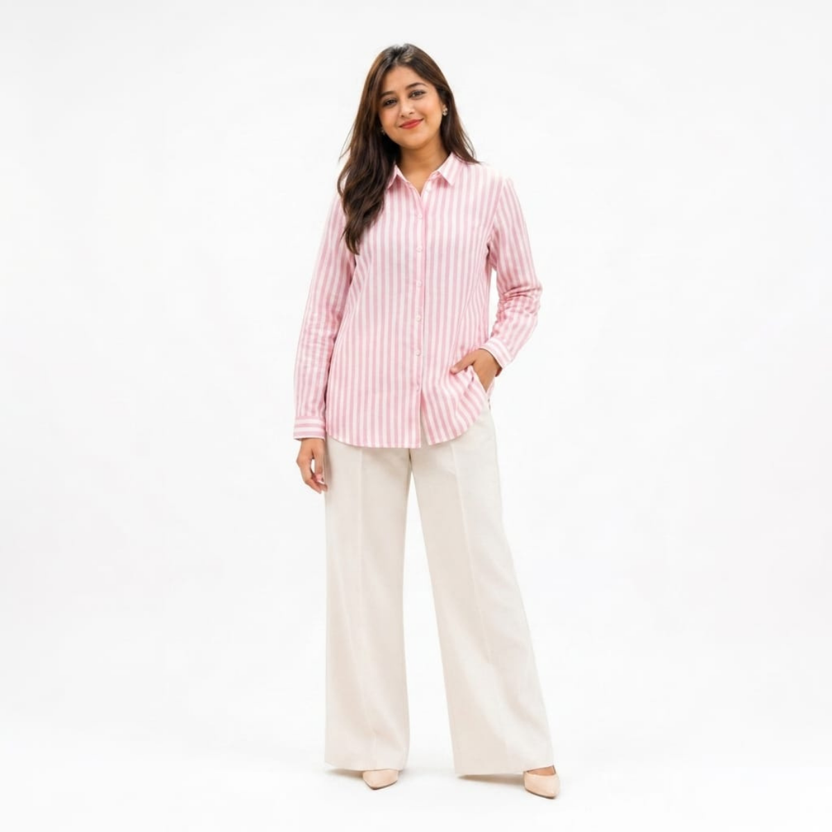 TIVA Pink and White Striped Cambric Cotton Shirt for women