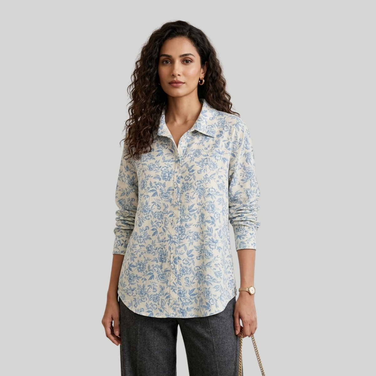 Sky Blue and Off-White Printed Cotton Blend Shirt for Women