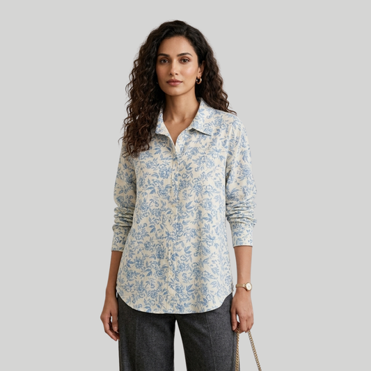 Sky Blue and Off-White Printed Cotton Blend Shirt for Women
