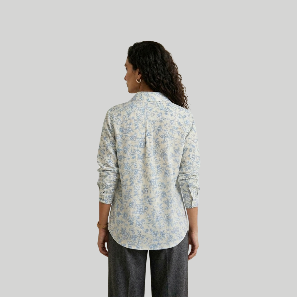 Sky Blue and Off-White Printed Cotton Blend Shirt for Women