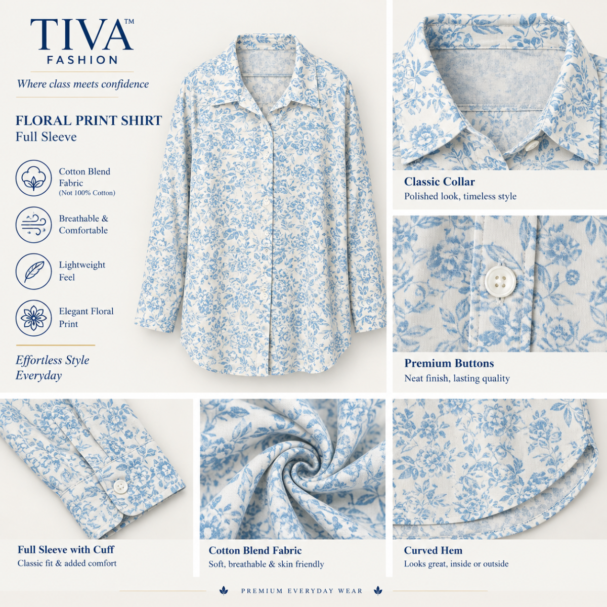 Sky Blue and Off-White Printed Cotton Blend Shirt for Women