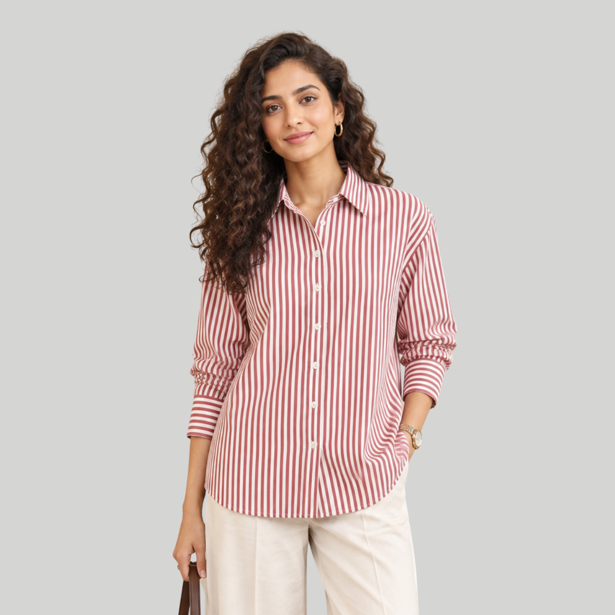 Red & White Striped Full Sleeve Shirt for Women