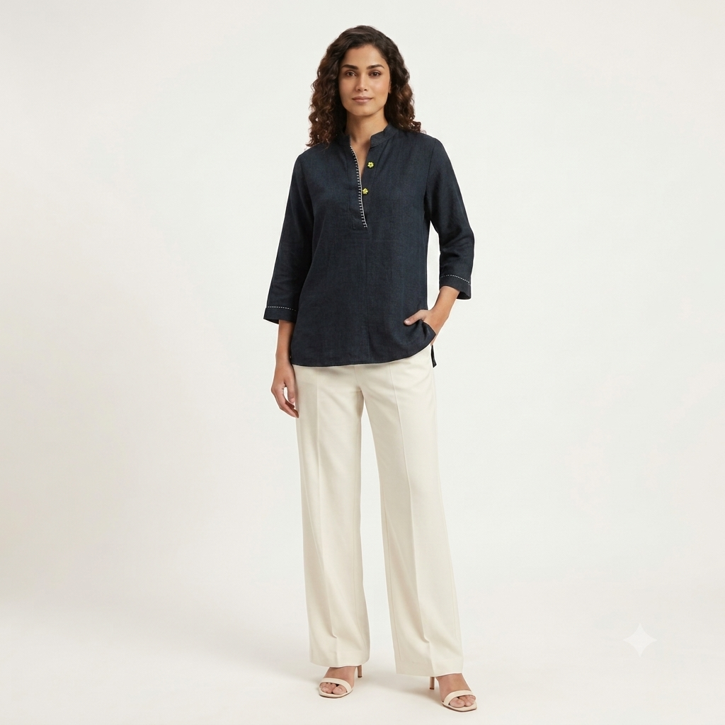 TIVA Navy Blue Linen Hand Embroidered Shirt for Women