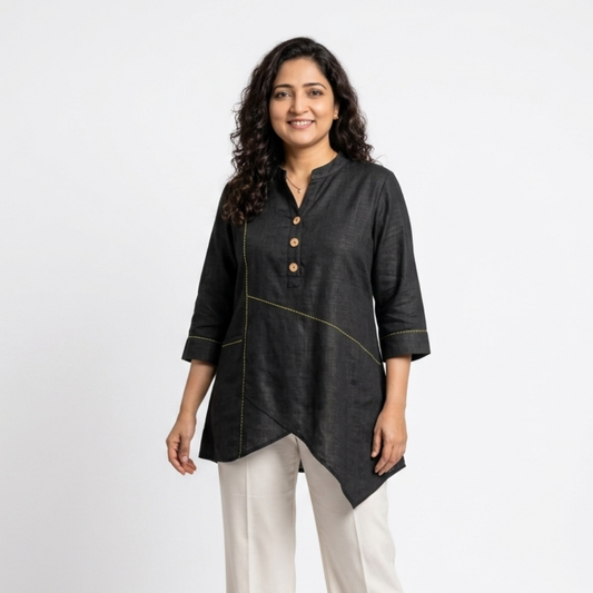 TIVA Black Linen Embroidered Tunic for Women