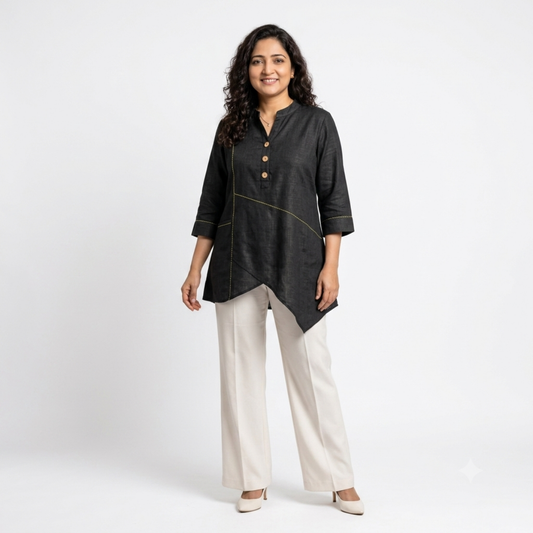 TIVA Black Linen Embroidered Tunic for Women