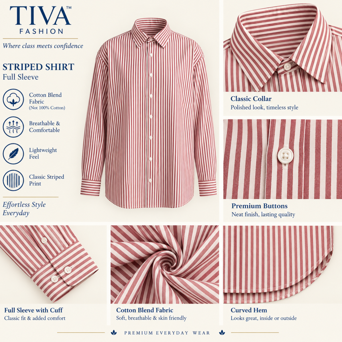 Red & White Striped Full Sleeve Shirt for Women