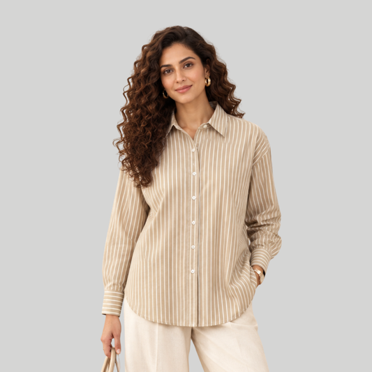 Beige & White Striped Full Sleeve Shirt for Women