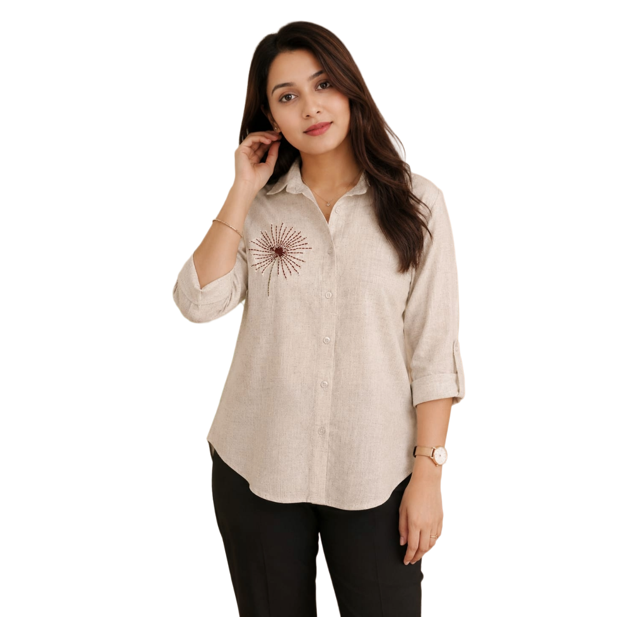 TIVA Beige Linen Hand Embroidered Shirt for women