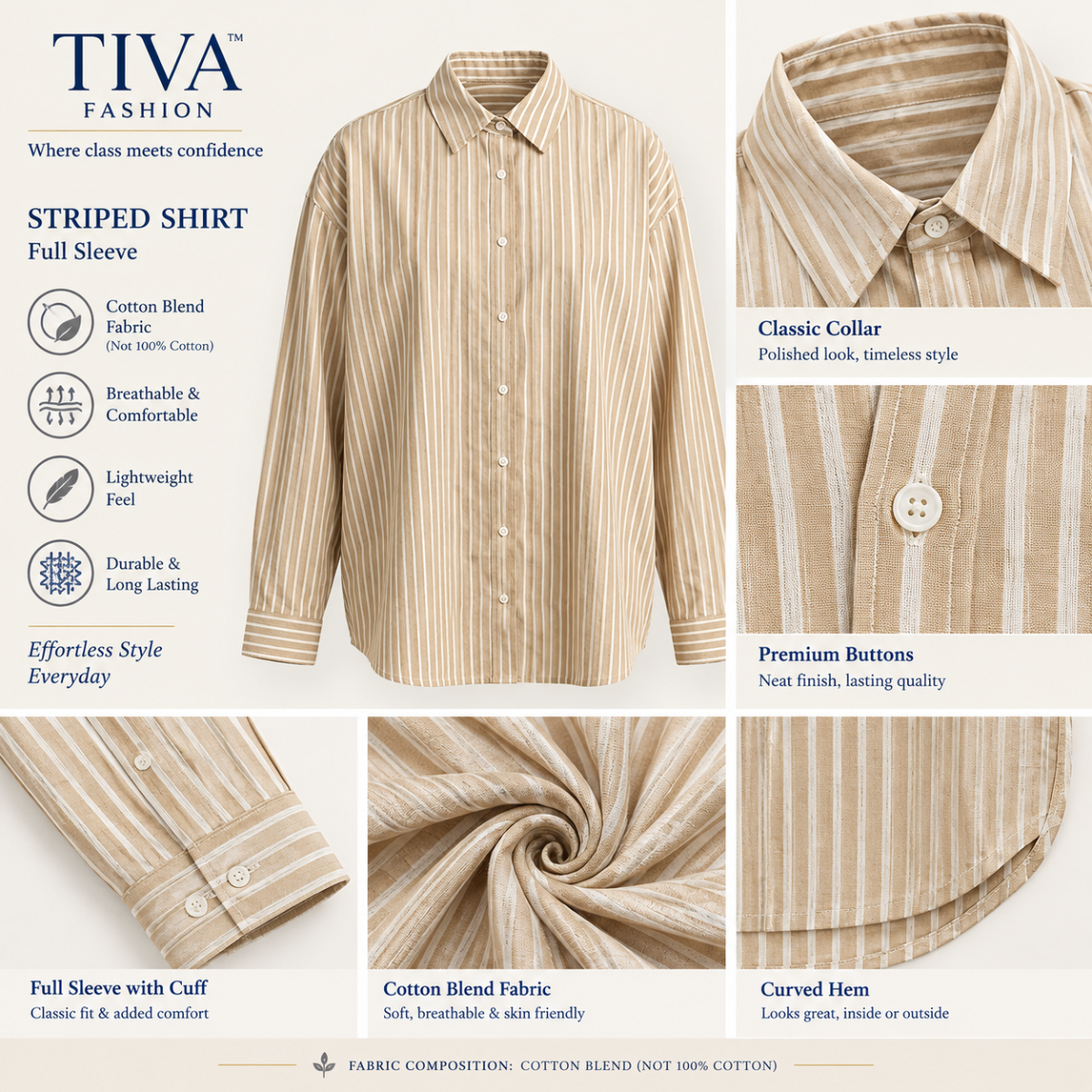 Beige & White Striped Full Sleeve Shirt for Women