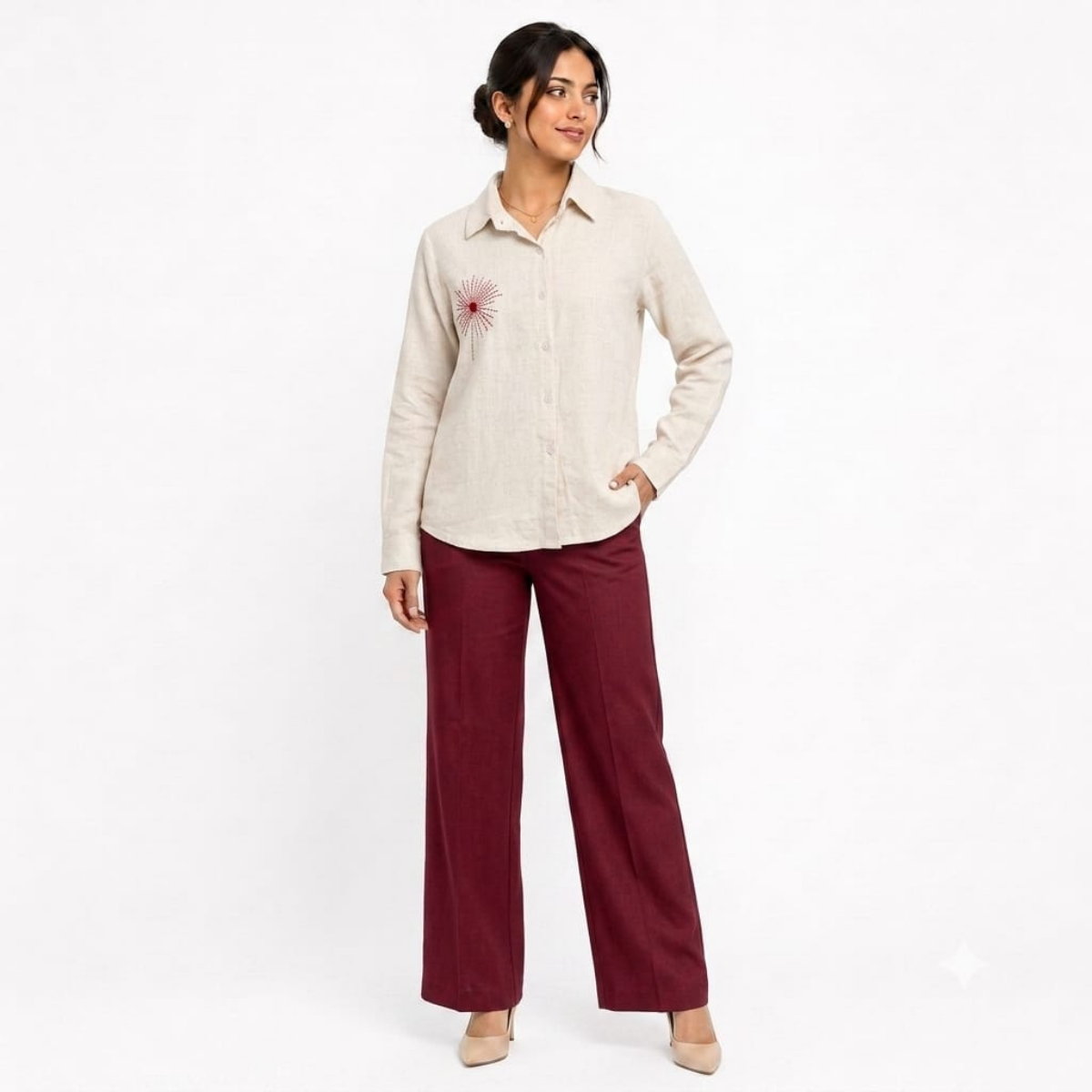 TIVA Beige Linen Hand Embroidered Shirt for women