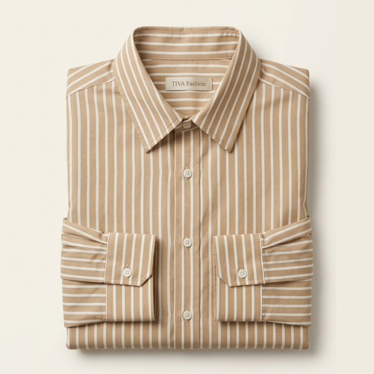 Beige & White Striped Full Sleeve Shirt for Women