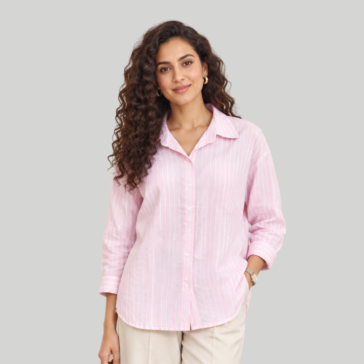 Pink and White Striped Cotton Blend Shirt for Women