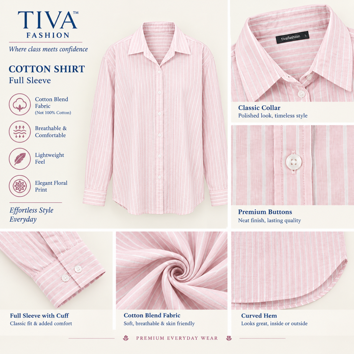 Pink and White Striped Cotton Blend Shirt for Women