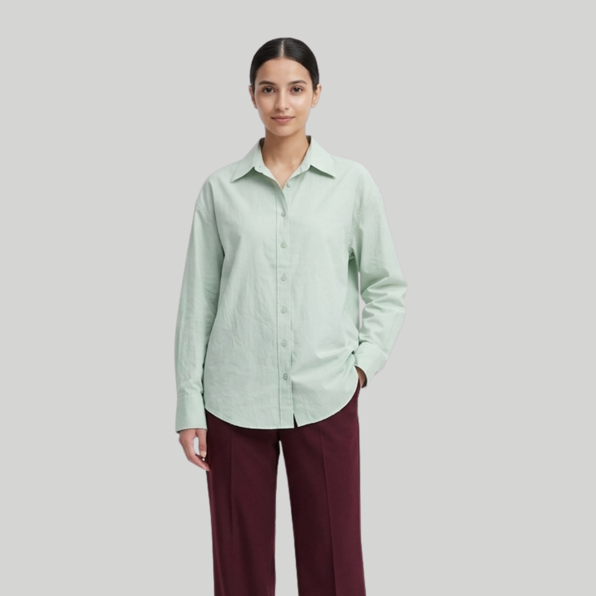 Sage Green Solid Cotton Blend Shirt for Women