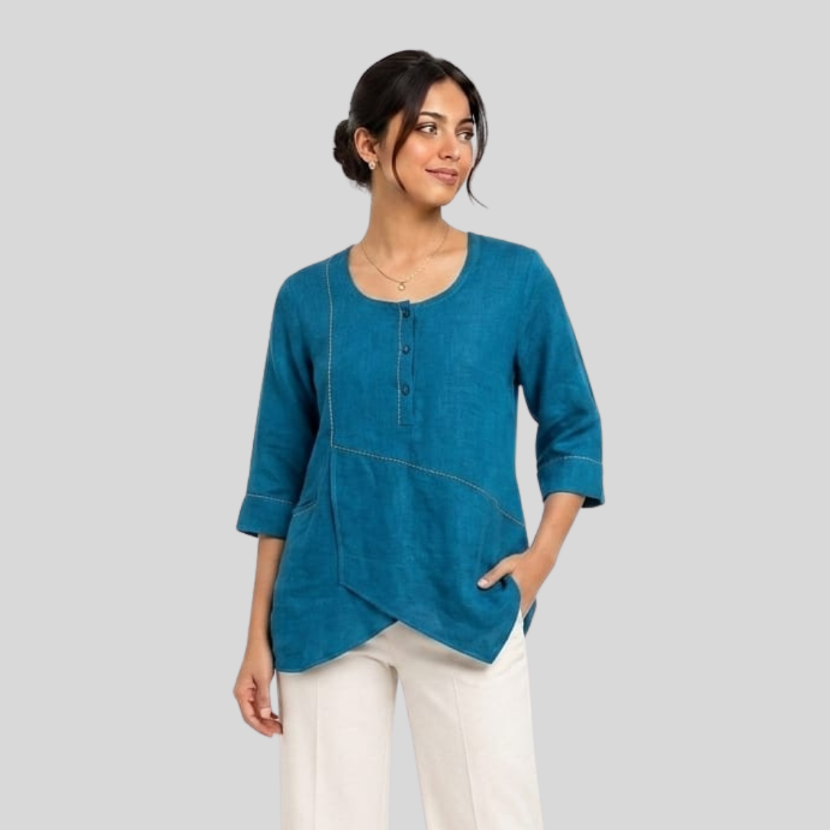 TIVA Teal Blue Linen Asymmetrical Top for Women