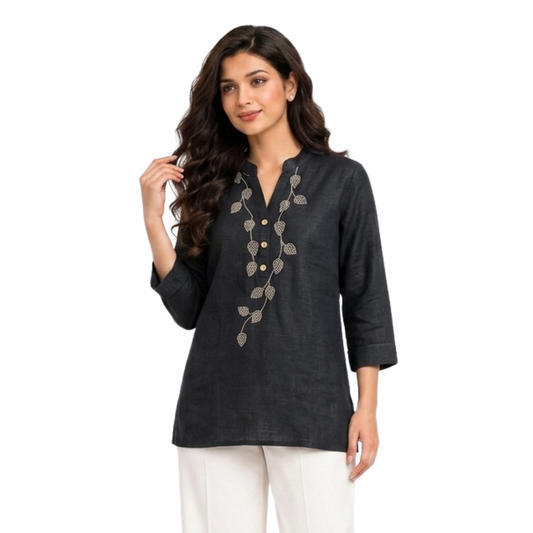 TIVA Black Linen hand embroidered Tunic