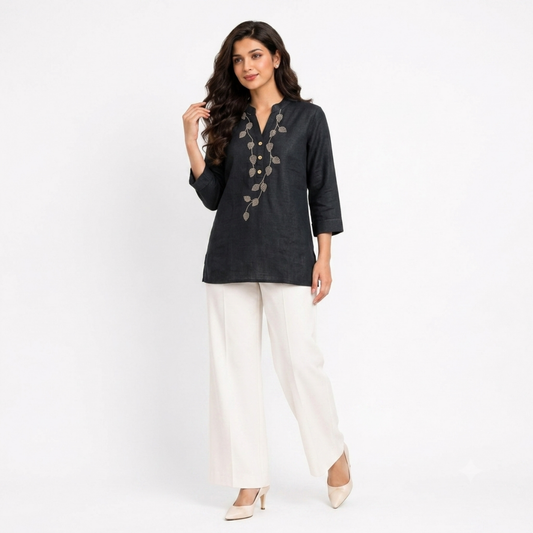 TIVA Black Linen hand embroidered Tunic