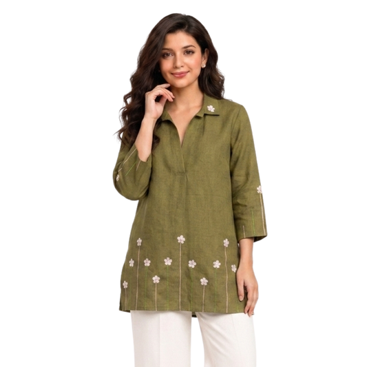 TIVA Premium Olive Green Hand Embroidered Linen Top for Women