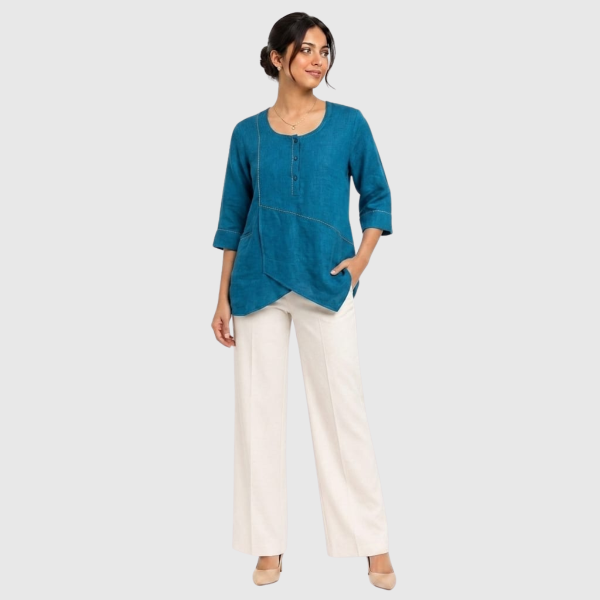 TIVA Teal Blue Linen Asymmetrical Top for Women