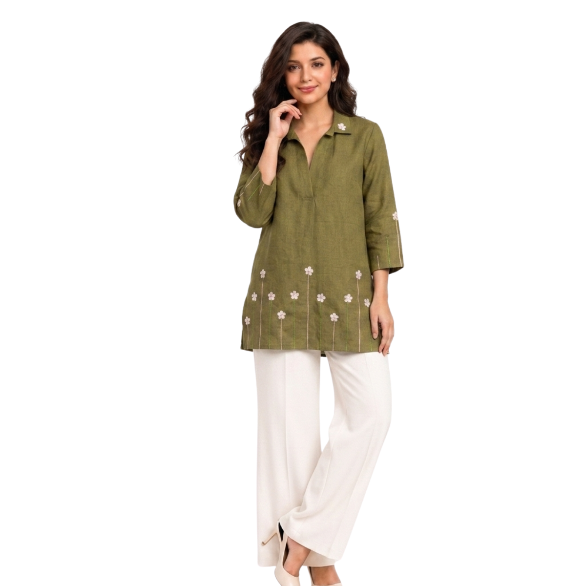 TIVA Premium Olive Green Hand Embroidered Linen Top for Women