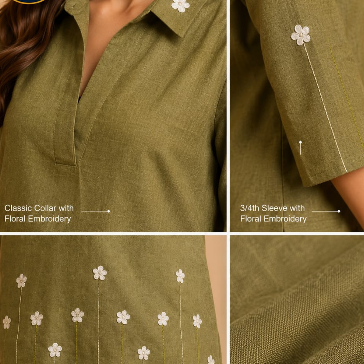 TIVA Premium Olive Green Hand Embroidered Linen Top for Women