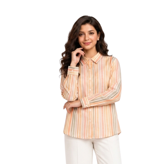 TIVA Premium Orange and White Striped Cambric Cotton Shirt for Women