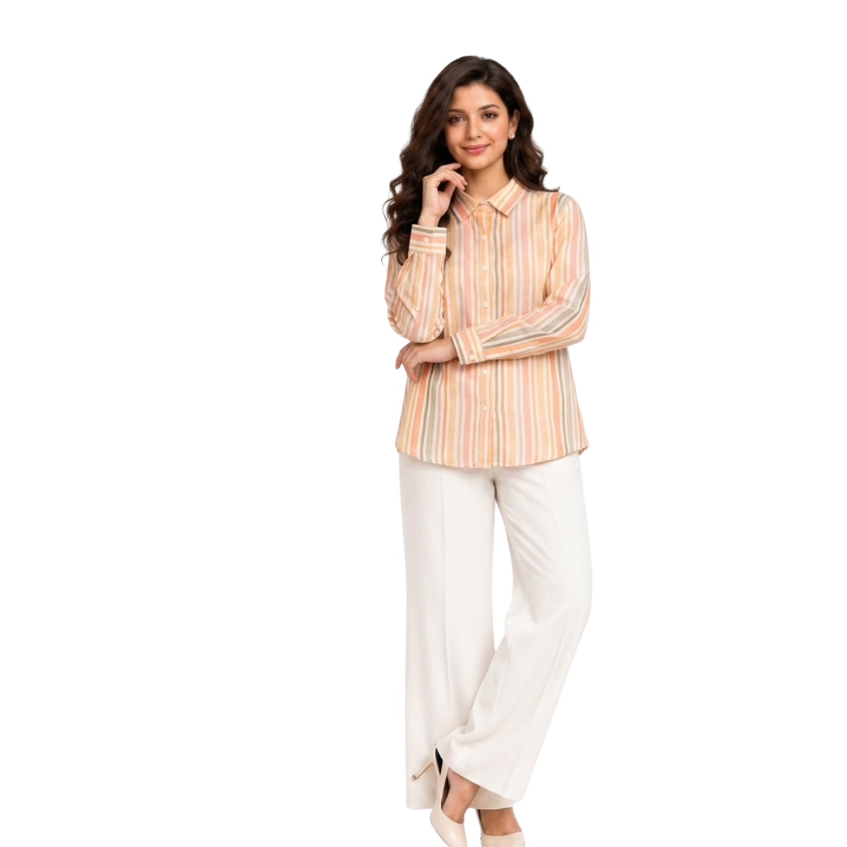 TIVA Premium Orange and White Striped Cambric Cotton Shirt for Women