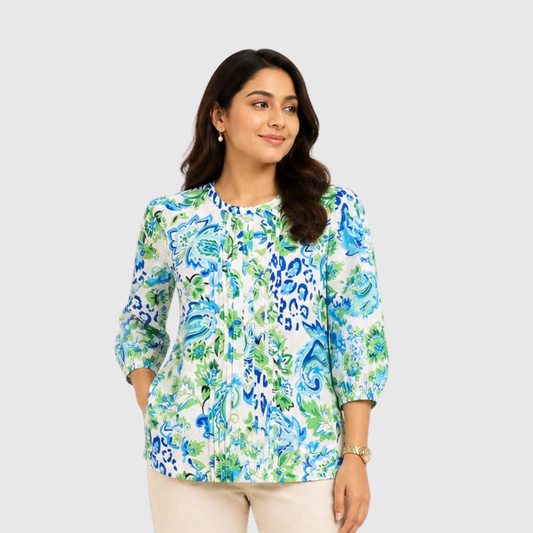 TIVA Green Printed Cotton Top for Women