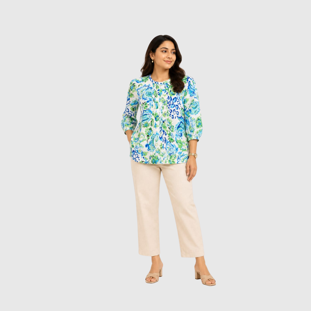 TIVA Green Printed Cotton Top for Women