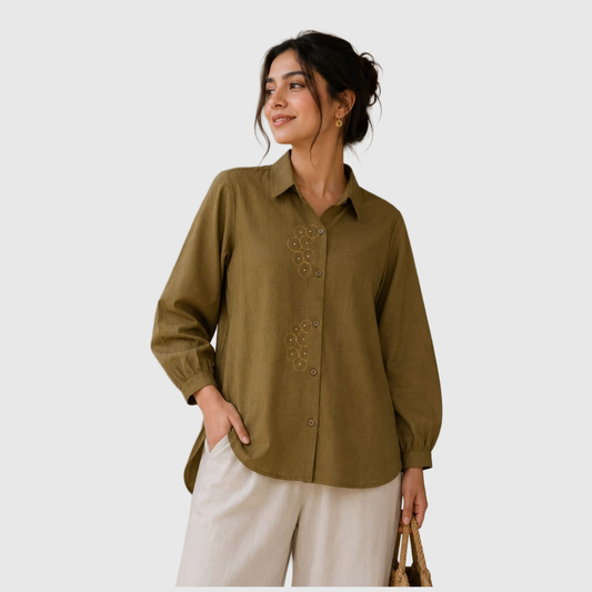 TIVA Olive Green Linen Hand Embroidered women's Shirt