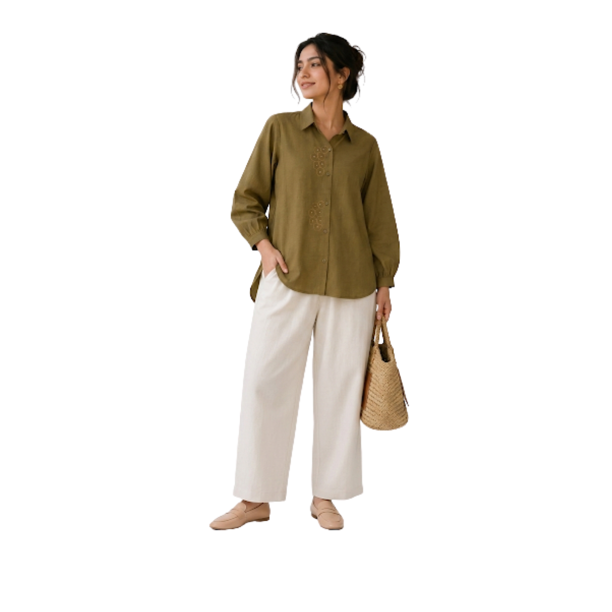 TIVA Olive Green Linen Hand Embroidered women's Shirt