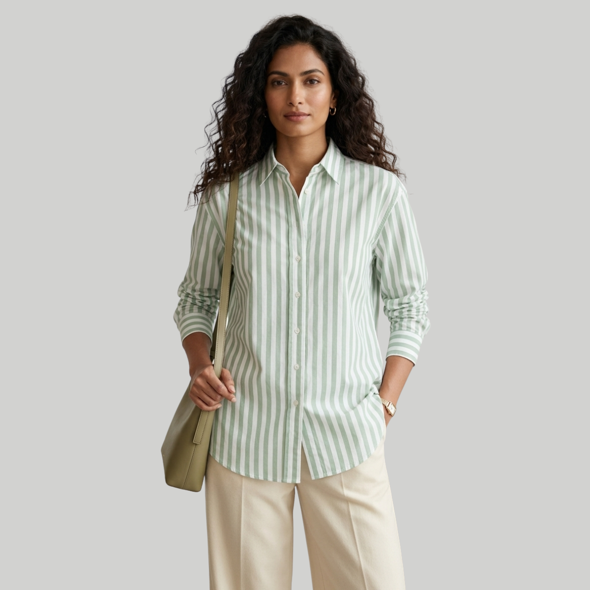 Sage Green & White Striped Full Sleeve Shirt for Women