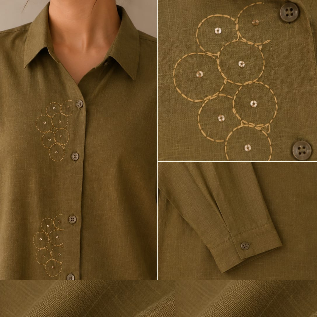 TIVA Olive Green Linen Hand Embroidered women's Shirt