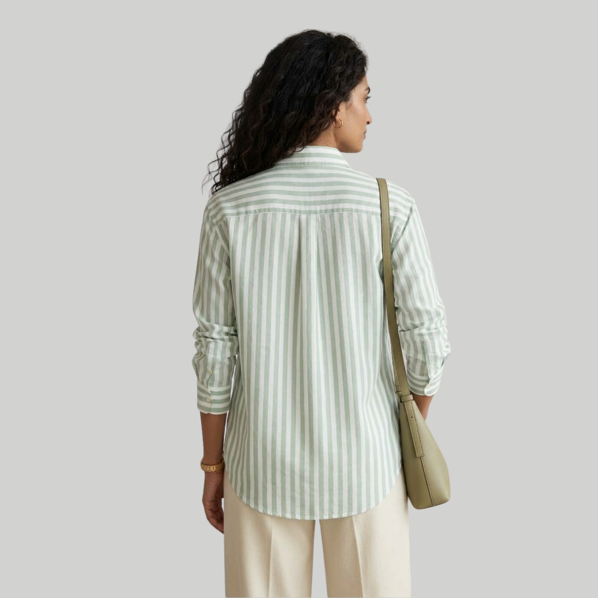Sage Green & White Striped Full Sleeve Shirt for Women