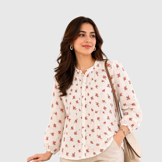 TIVA White Floral  Cotton Printed Top for Women